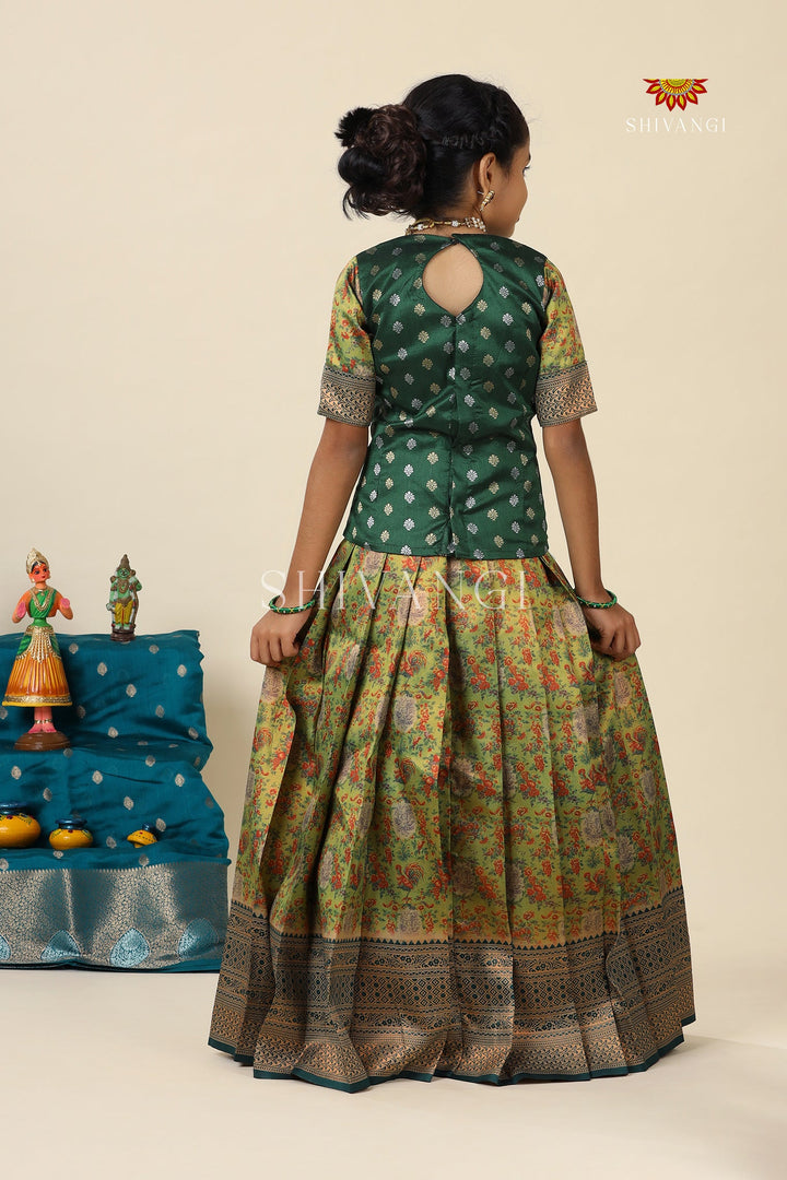 Green Pink Cock Pattu Pavadai For Girls - Festive Wear!!!