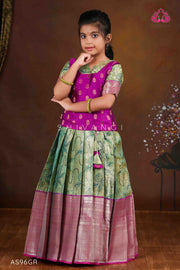 Girls Pink Lilly JKD Green Pattu Pavadai in Elbow Sleeve !!!