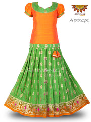 Girls Green Banarasi Hanging Pattu Pavadai !!! 