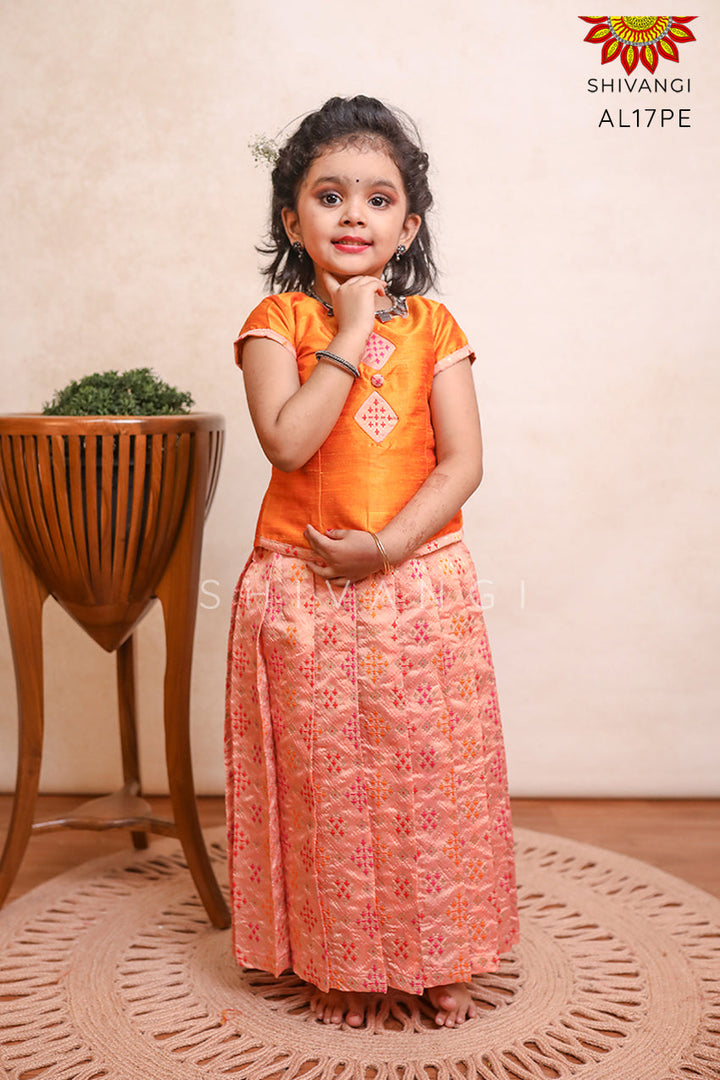 Peach Patola Diamond Pattu Pavadai For Girls!!!