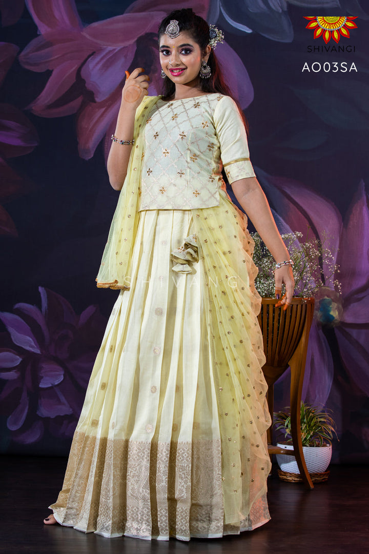 Sandle Pastel Golden Butta Lehenga For Girls 