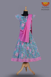 Girls Blue Block Print Lehenga with Dupatta 
