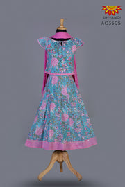 Girls Blue Block Print Lehenga with Dupatta 