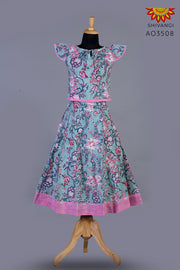 Girls Blue Block Print Lehenga with Dupatta 