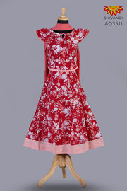 Girls Red Block Print Lehenga with Dupatta 