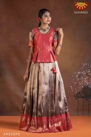 Girls Dark Peach Silver Fire Pattu Pavadai | Langa 