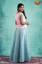 Girls Blue Chanderi Tulip Pattu Pavadai 