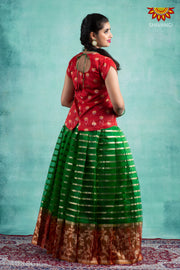 Girls Green Blue Meadow Pattu Pavadai 
