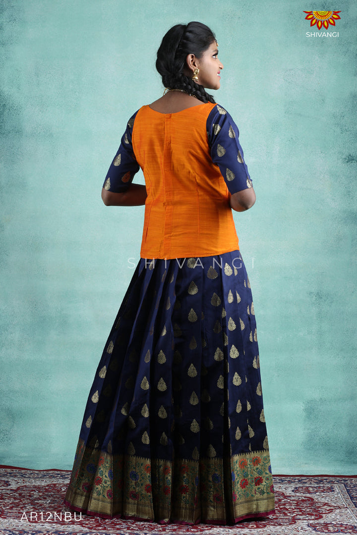 Navy Blue Bhutta Paithani Pattu Pavadai For Girls 