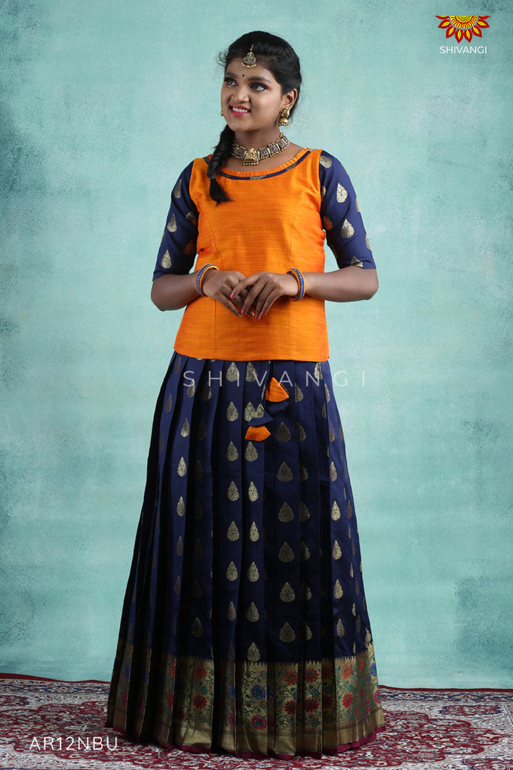 Navy Blue Bhutta Paithani Pattu Pavadai For Girls 