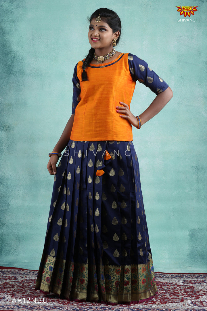 Navy Blue Bhutta Paithani Pattu Pavadai For Girls 