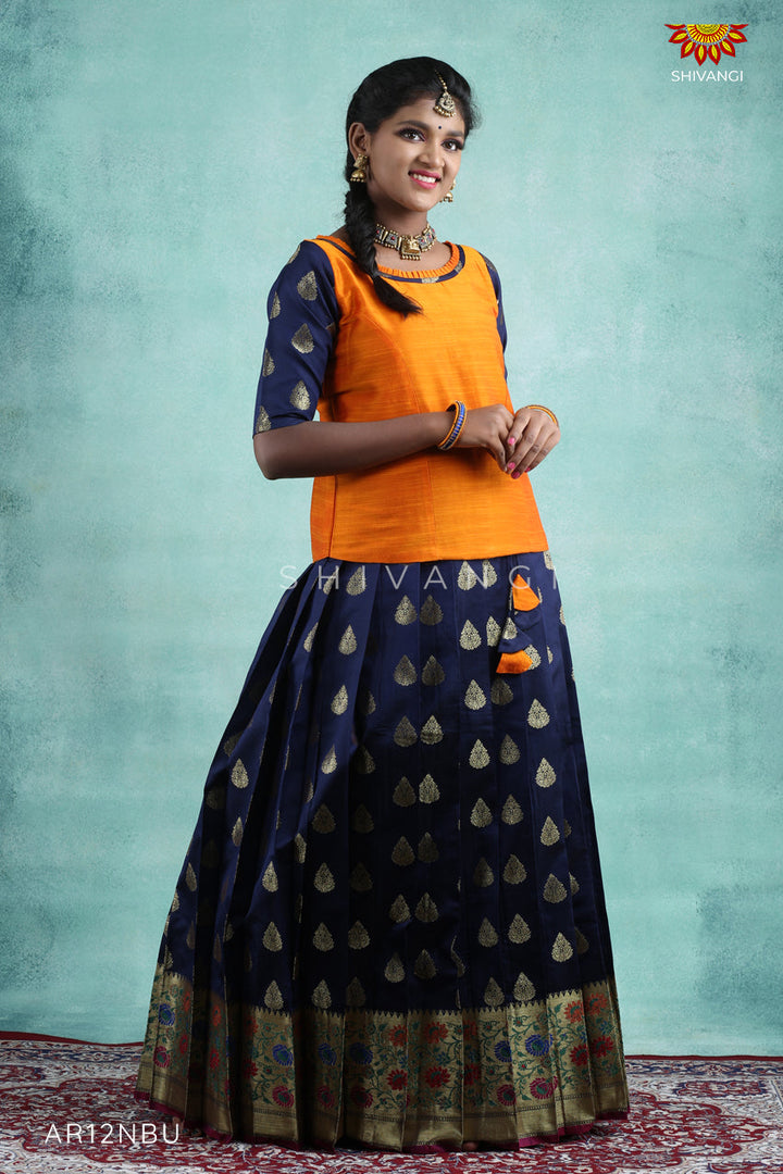 Navy Blue Bhutta Paithani Pattu Pavadai For Girls 