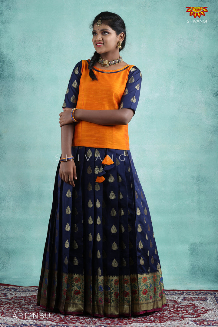 Navy Blue Bhutta Paithani Pattu Pavadai For Girls 