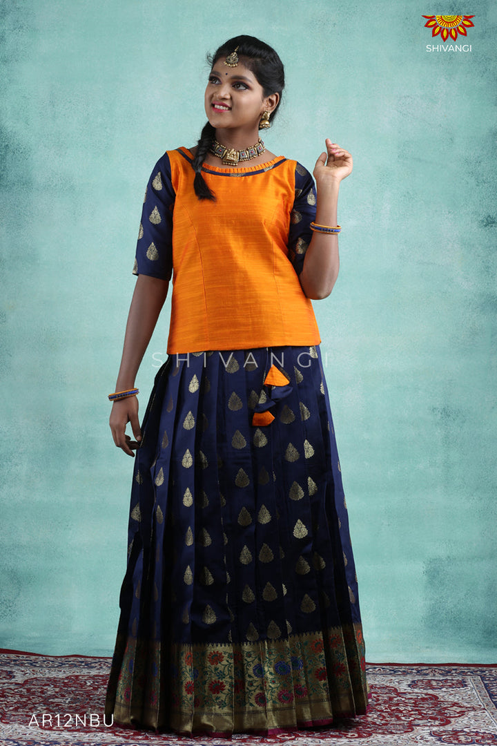Navy Blue Bhutta Paithani Pattu Pavadai For Girls 