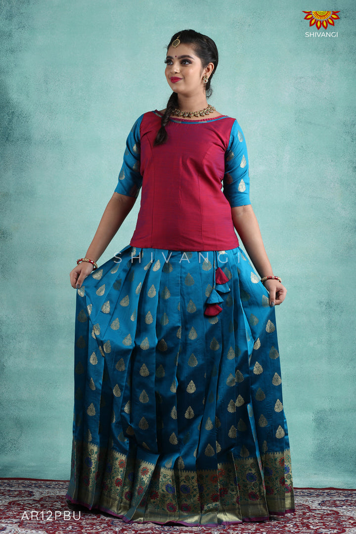 Peacock Blue Bhutta Paithani Pattu Pavadai For Girls 