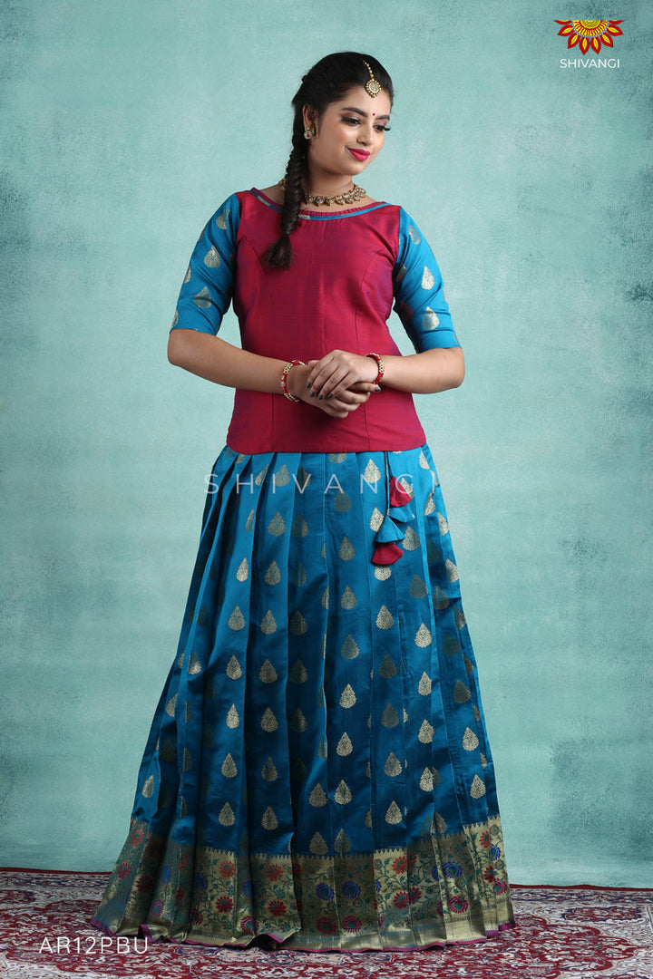 Peacock Blue Bhutta Paithani Pattu Pavadai For Girls 
