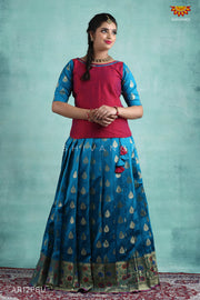 Peacock Blue Bhutta Paithani Pattu Pavadai For Girls 