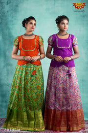 Girls Cream Organza Pen Kalamkari Pattu Pavadai 