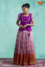 Girls Cream Organza Pen Kalamkari Pattu Pavadai 