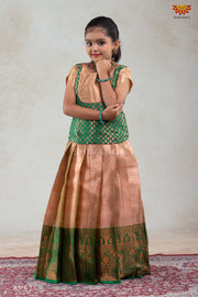 Girls Green Golden Croton Pattu Pavadai | Langa