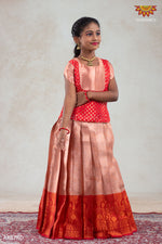 Girls Red Golden Croton Pattu Pavadai | Langa