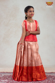 Girls Red Golden Croton Pattu Pavadai | Langa