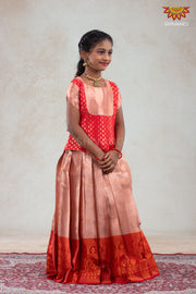Girls Red Golden Croton Pattu Pavadai | Langa