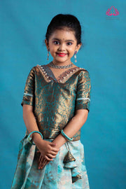 Girls Sky Blue Copper Yentra Pattu Pavadai | Langa