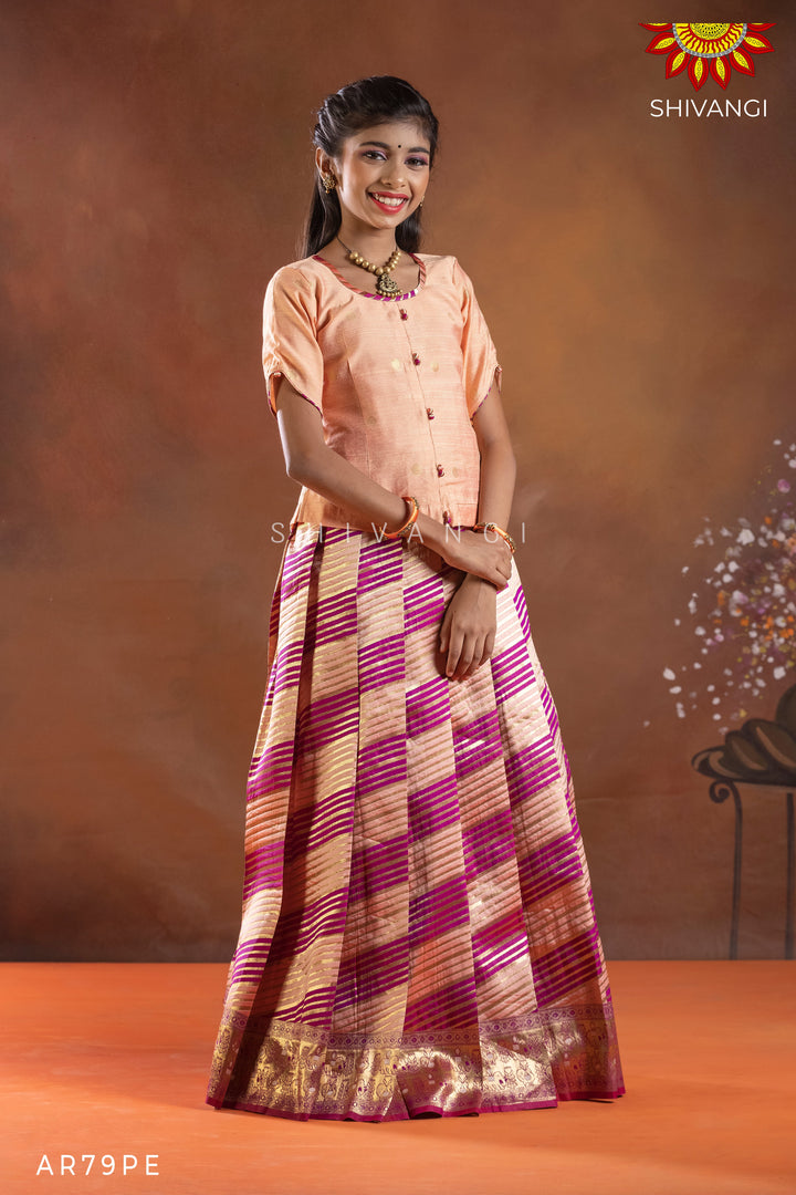 Navy Blue Girls Peacock Leheriya Pattu Pvadai