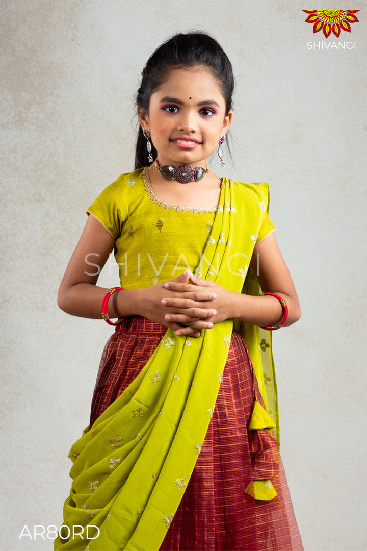 Girls Red Flouresent Checks Lehenga Choli