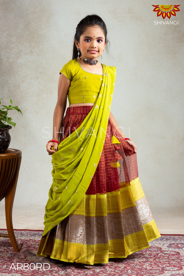 Girls Red Flouresent Checks Lehenga Choli