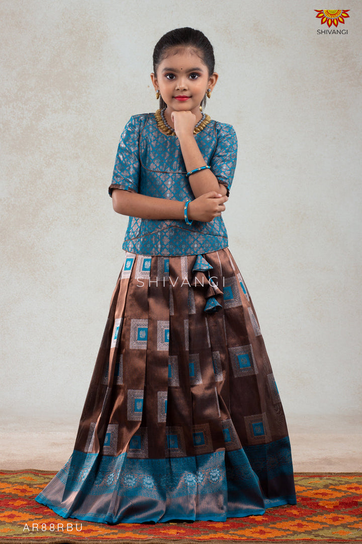 Ramar Blue Copper Tiles Pattu Pavadai For Girls