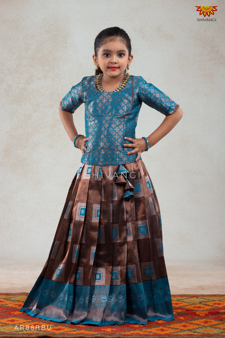 Ramar Blue Copper Tiles Pattu Pavadai For Girls