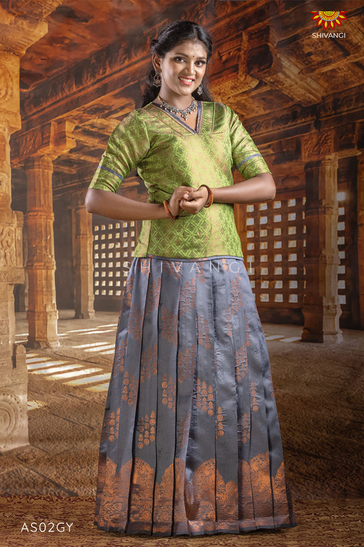 Kids Grey Mayura Pattu Pavadai Set | lehenga 