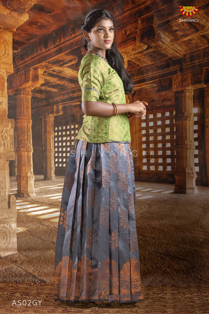 Kids Grey Mayura Pattu Pavadai Set | lehenga 