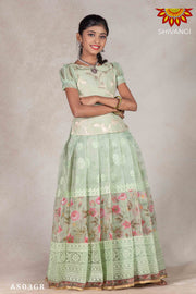 Girls Pink Organza Rose Pattu Pavadai |Langa - Green