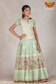Girls Pink Organza Rose Pattu Pavadai |Langa - Green