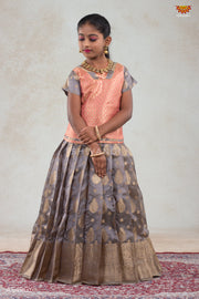 Kids Grey Chanderi Floral Tree Pattu Pavadai Set | lehenga !!!