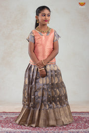 Kids Grey Chanderi Floral Tree Pattu Pavadai Set | lehenga !!!