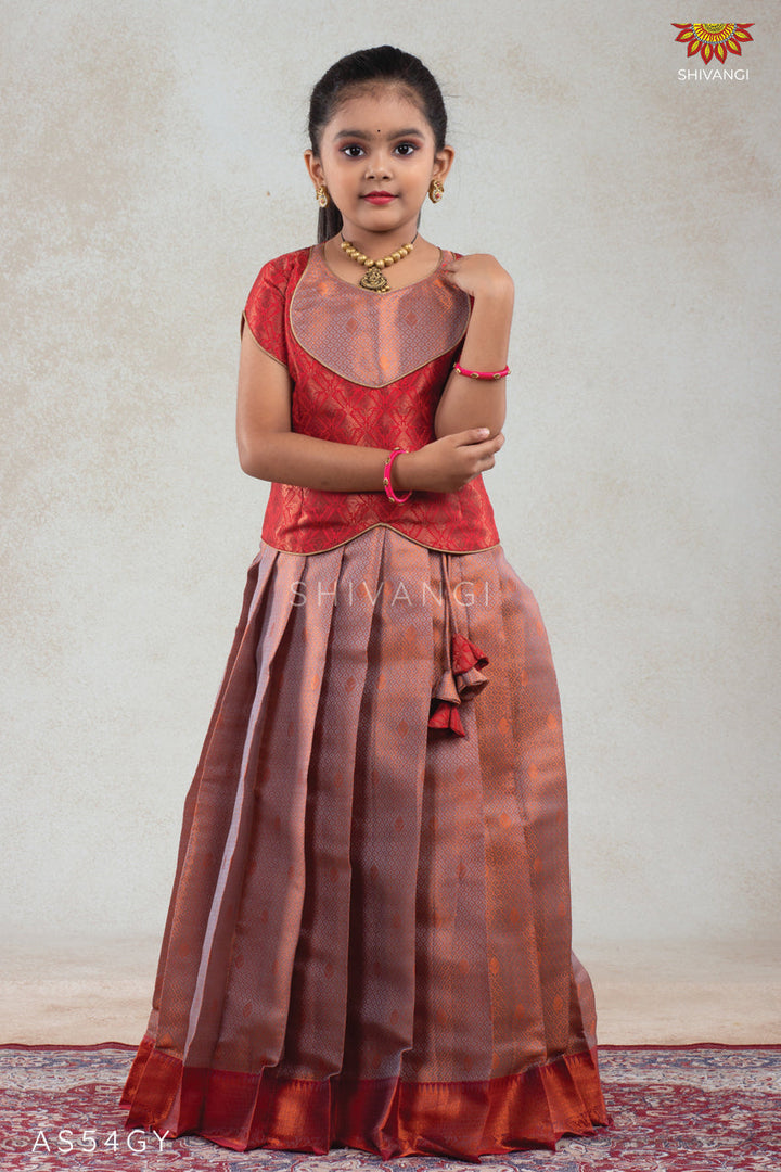 Grey Baby Honey Comb Pattu pavadai For Girls  