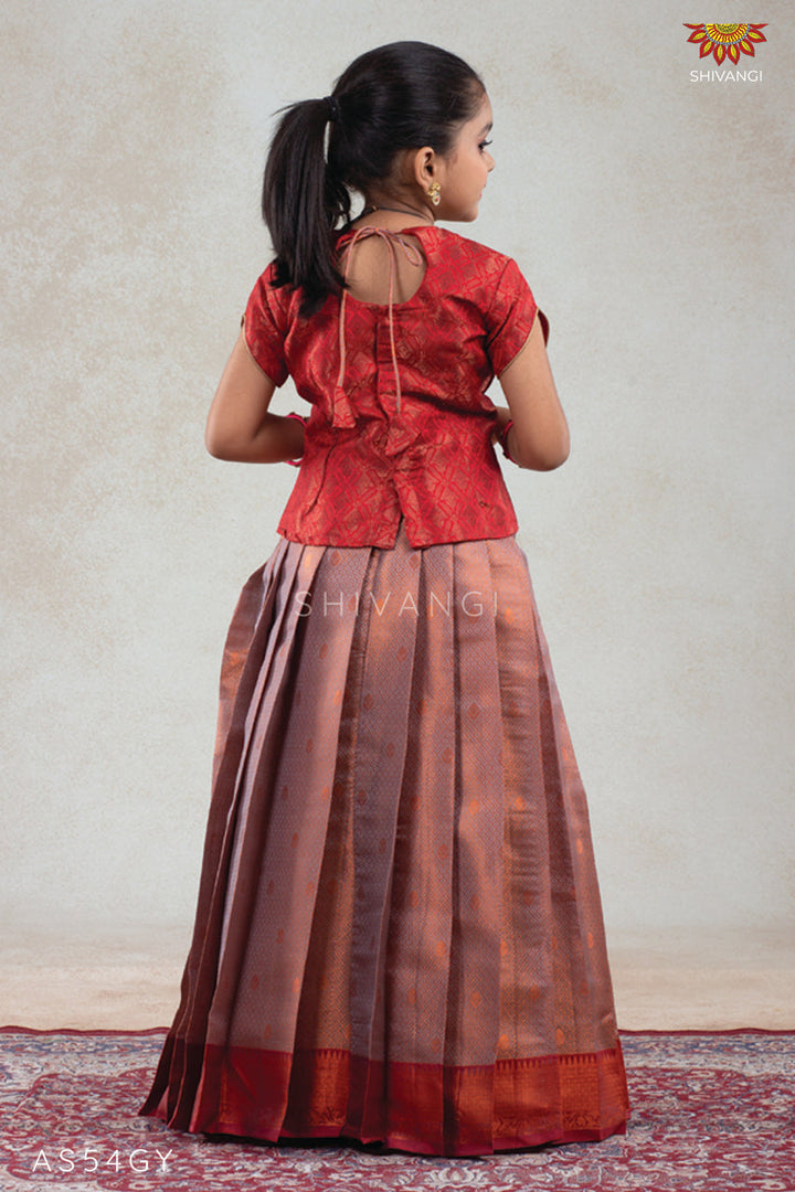 Grey Baby Honey Comb Pattu pavadai For Girls