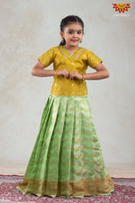Silver Waves Green Pattu Pavadai For Girls