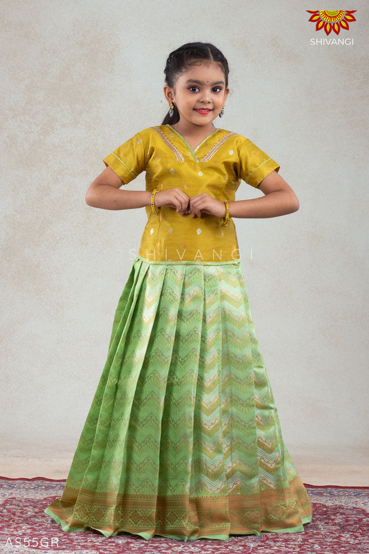 Silver Waves Green Pattu Pavadai For Girls