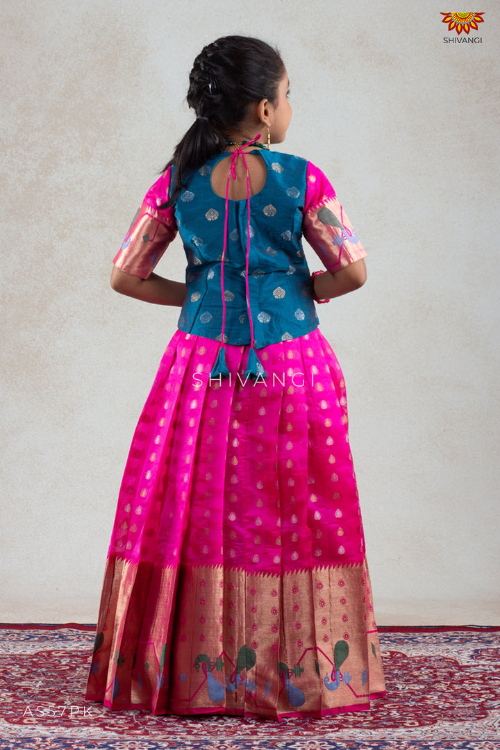 Pink Peacock Paithani Pattu Pavadai For Girls | Langa