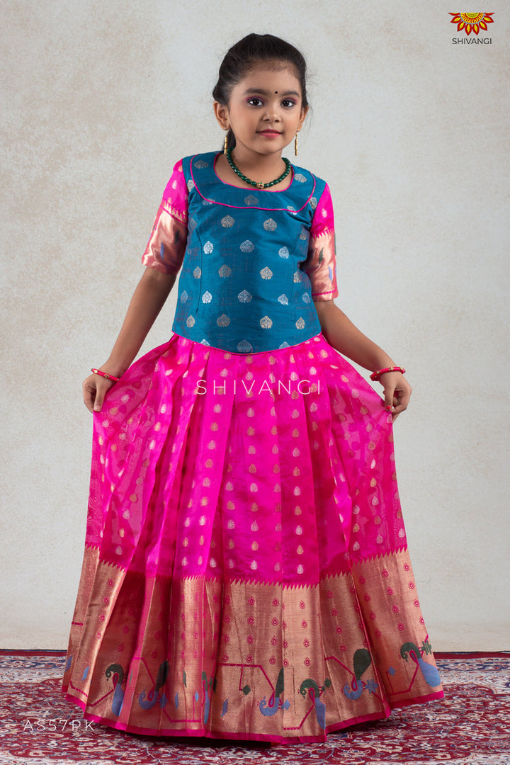 Pink Peacock Paithani Pattu Pavadai For Girls | Langa