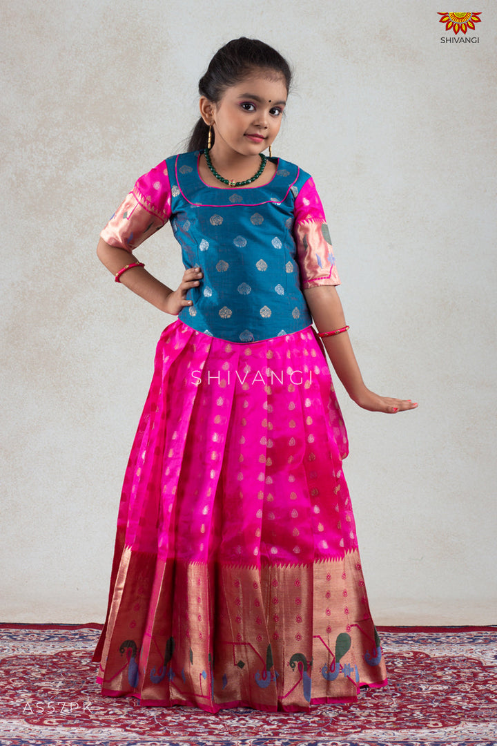 Pink Peacock Paithani Pattu Pavadai For Girls | Langa