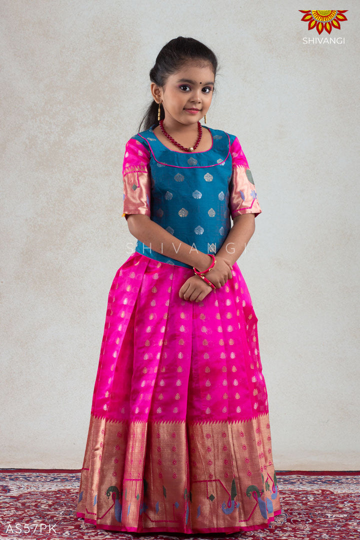 Pink Peacock Paithani Pattu Pavadai For Girls | Langa