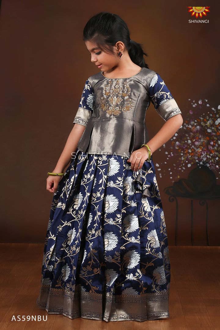 Navy  Silver Lotus Pattu pavadai For Kids !!!
