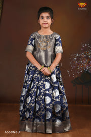 Navy  Silver Lotus Pattu pavadai For Kids !!!