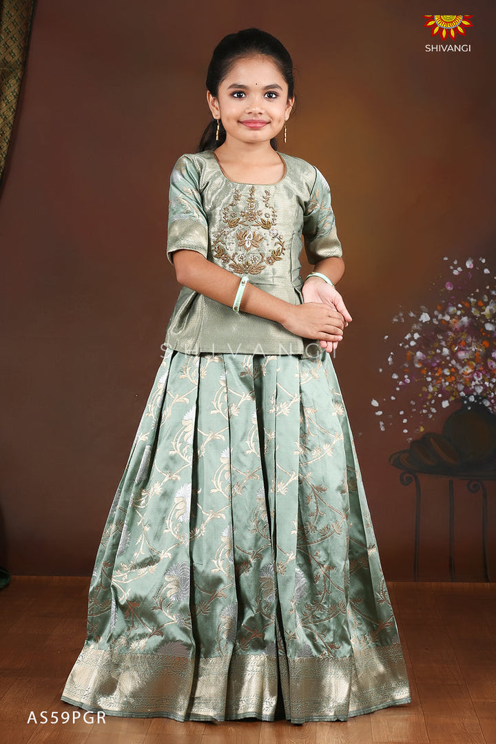 Green Silver Lotus Pattu pavadai For Kids !!!